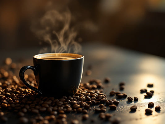 A steaming black coffee cup surrounded by coffee beans on a wooden surface, with soft, warm lighting creating a cozy atmosphere.