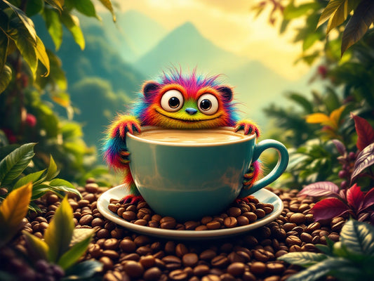 A vibrant coffee cup with lush South American landscapes and a playful, colorful monster, evoking adventure and excitement.