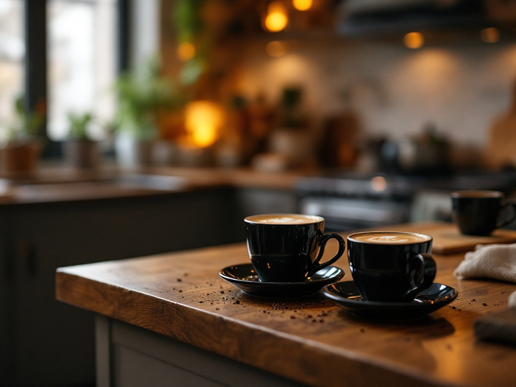 A cozy kitchen setting with two black coffee cups filled with frothy cappuccinos, placed on a wooden countertop. Warm ambient lighting and blurred plants in the background enhance the inviting atmosphere.