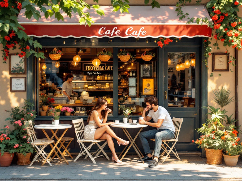 A cozy outdoor café with two people at a small table, enjoying drinks. The café features a red awning labeled "Cafe Cafe," and is surrounded by potted plants and flowers, creating a warm and inviting atmosphere.