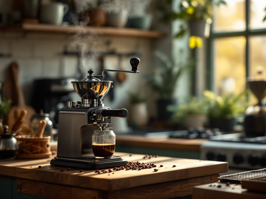 A vintage-style coffee grinder on a wooden kitchen bench, surrounded by coffee beans, with a cozy, sunlit kitchen in the background.