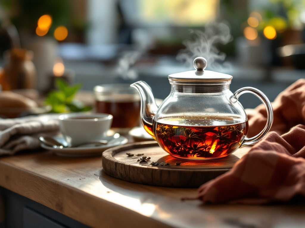 A glass teapot with steaming tea on a wooden counter, accompanied by a teacup. The bright kitchen background with plants creates a warm and inviting atmosphere, highlighting elegance and functionality in tea brewing.