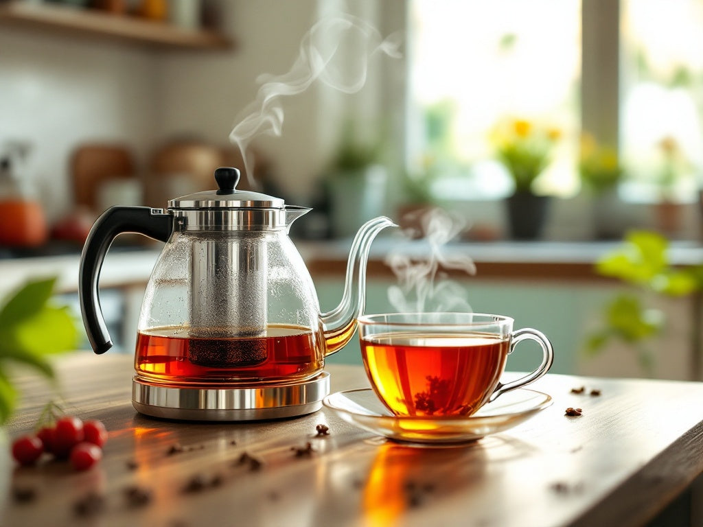 A glass teapot with steaming tea on a wooden counter, accompanied by a teacup. The bright kitchen background with plants creates a warm, inviting atmosphere, highlighting elegance and functionality in tea brewing.