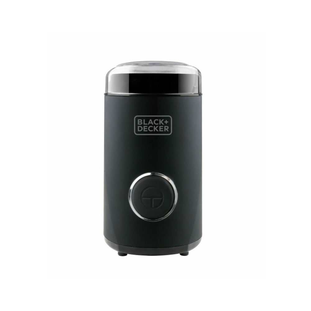 Black+Decker coffee grinder with a sleek black design and transparent lid.