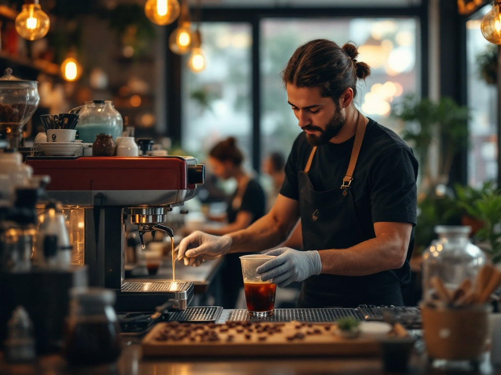 A barista with a beard and a man bun is focused on preparing coffee in a cozy, warmly lit café. He's wearing a black apron and gloves, working with a coffee machine. In the background, the café is bustling with activity, featuring plants and hanging lights.