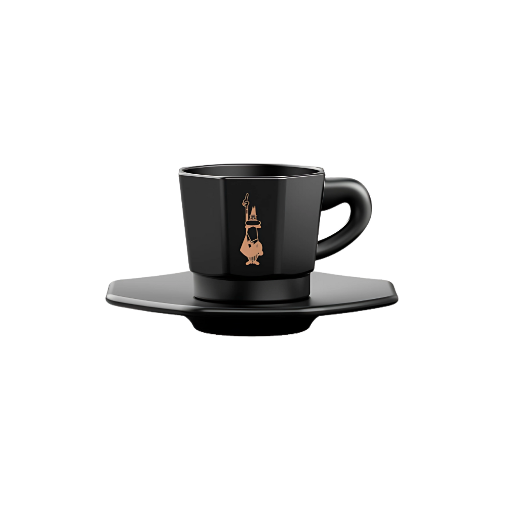 Single Bialetti Black Porcelain Coffee Cup and Saucer with Iconic Design.