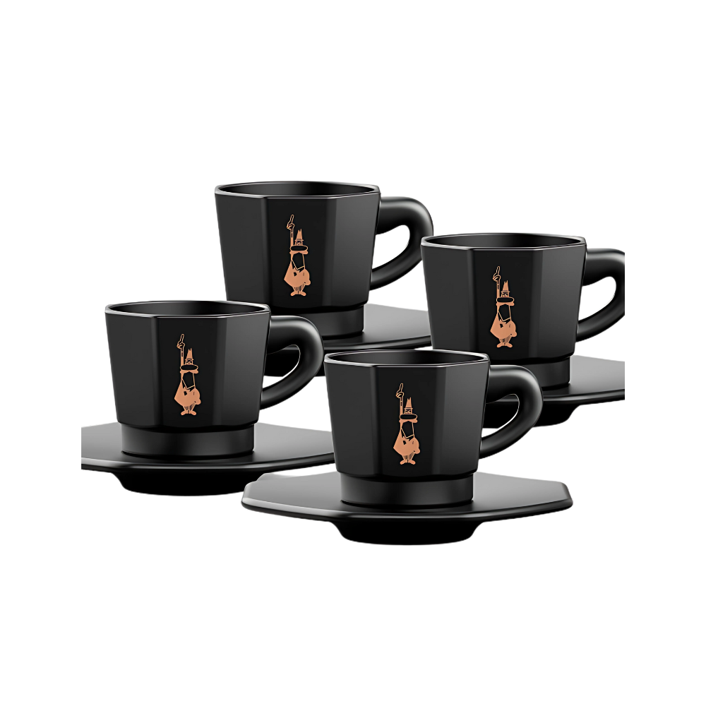 Set of four Bialetti Black Porcelain Coffee Cups and Saucers with Iconic Design.