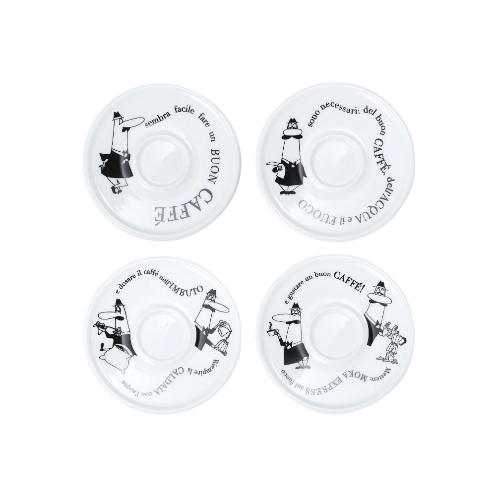 Four Bialetti Porcelain Saucers with Classic Design, included in the 8-piece coffee set.