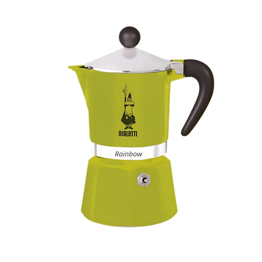 A vibrant green Bialetti Rainbow Italian coffee pot made of aluminum, featuring a classic design with a black ergonomic handle and lid knob, ideal for brewing authentic espresso.