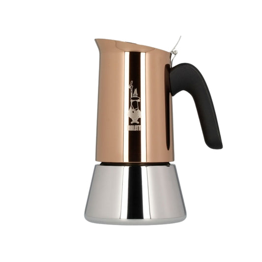 A Bialetti New Venus 6-Cup Coffee Pot made of stainless steel, featuring a sleek and polished design with a black ergonomic handle, ideal for brewing espresso.