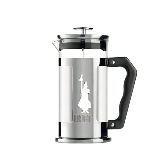 A Bialetti French Press 8-Cup Cafetiere made of stainless steel and aluminum, featuring a sleek design with a sturdy handle, ideal for brewing rich and aromatic coffee.