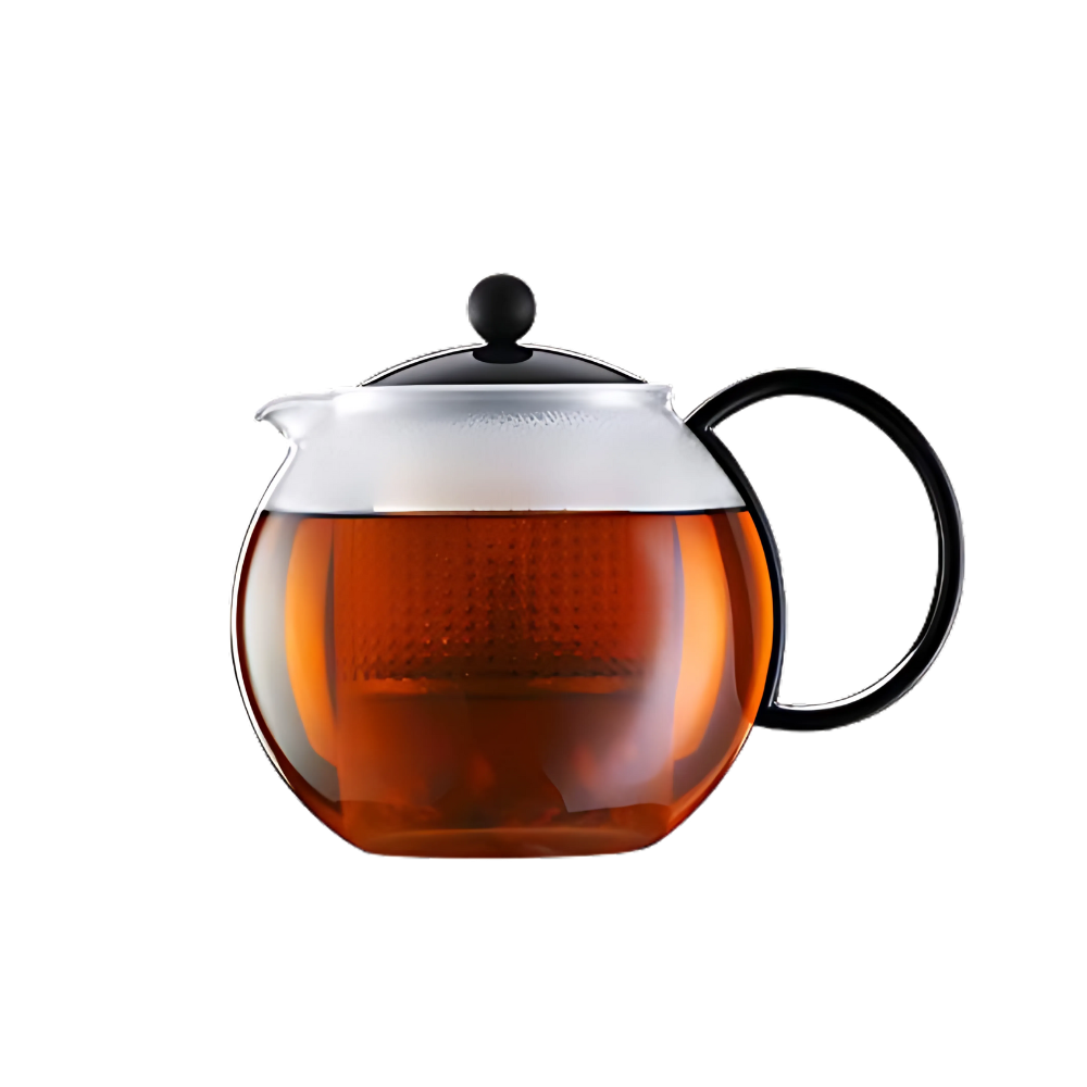 A Bodum Assam 1L Teapot with a clear glass body and stainless steel infuser, filled with tea, showcasing its elegant design.