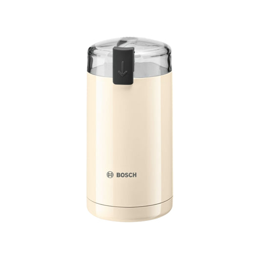 Beige Bosch coffee grinder with a transparent lid and a push-button operation.