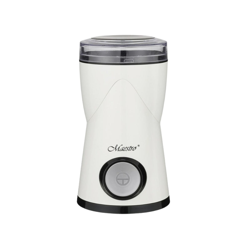 Maestro MR-453 electric coffee grinder in white with a transparent lid and a push-button control.