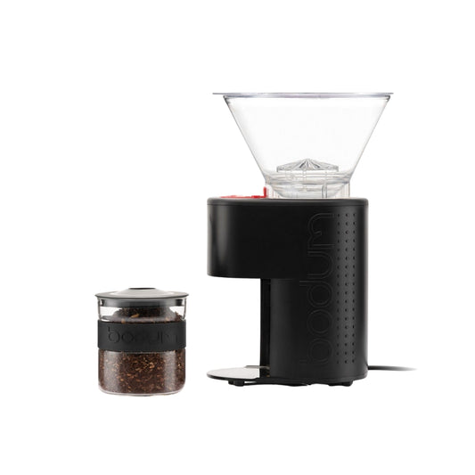 Bodum coffee grinder with a transparent hopper and a glass container for ground coffee.