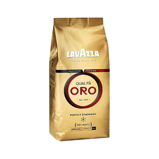 A package of Lavazza Qualità Oro coffee beans, featuring a gold design with the Lavazza logo. The packaging highlights 100% Arabica beans, aromatic intensity, and suitability for espresso, with the tagline "Perfect Symphony."