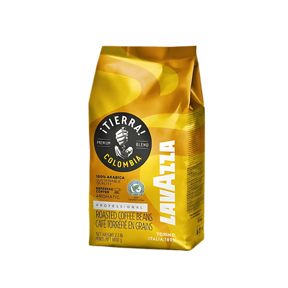 A package of Lavazza ¡Tierra! Colombia coffee beans, featuring a vibrant yellow design with the Lavazza logo. The packaging highlights 100% Arabica beans, sustainable quality, and aromatic intensity, with an emphasis on Colombian origin.