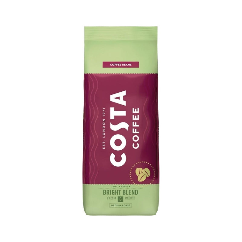 Package of Costa Coffee Bright Blend, medium roast 100% Arabica coffee beans.