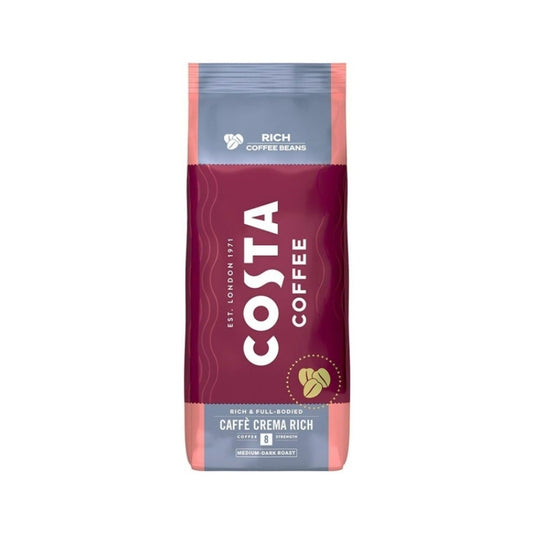 Package of Costa Coffee Caffè Crema Rich, medium-dark roast coffee beans.