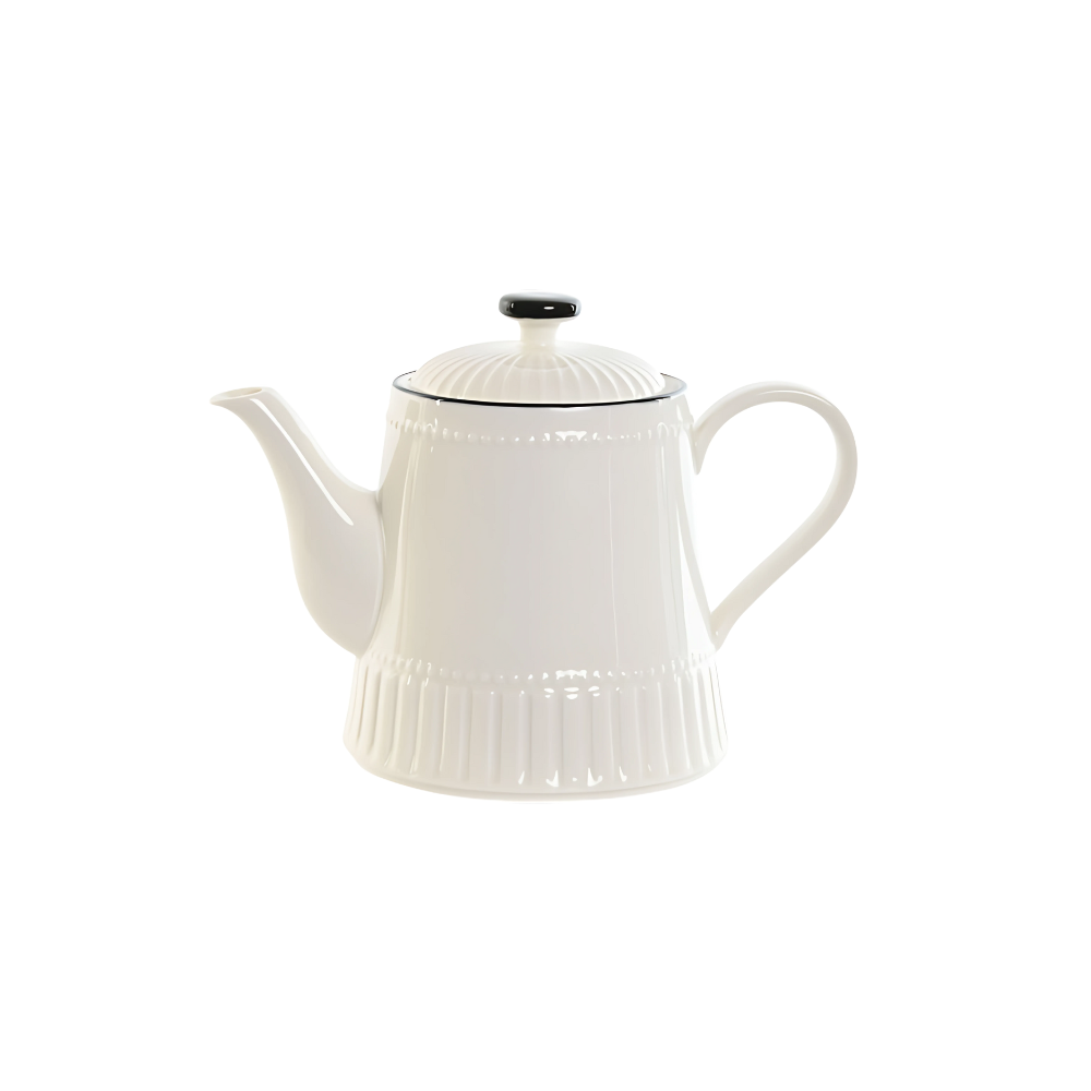 A sleek white porcelain teapot with black accents, showcasing its elegant and timeless design.