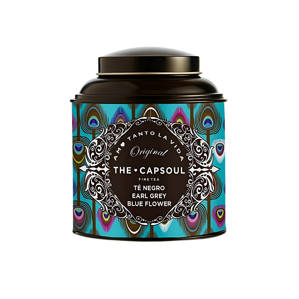 A decorative tin of The Capsoul Earl Grey Blue Flower Black Tea, showcasing its elegant design and premium blend.