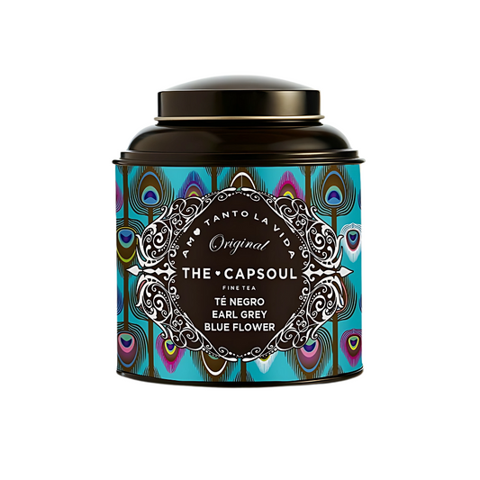 A decorative tin of The Capsoul Earl Grey Blue Flower Black Tea, showcasing its elegant design and premium blend.