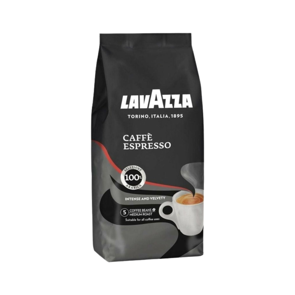 A package of Lavazza Caffè Espresso coffee beans, featuring a sleek black design with the Lavazza logo. The packaging highlights 100% Arabica beans, medium roast, and suitability for all coffee uses, with an image of a steaming cup of espresso.