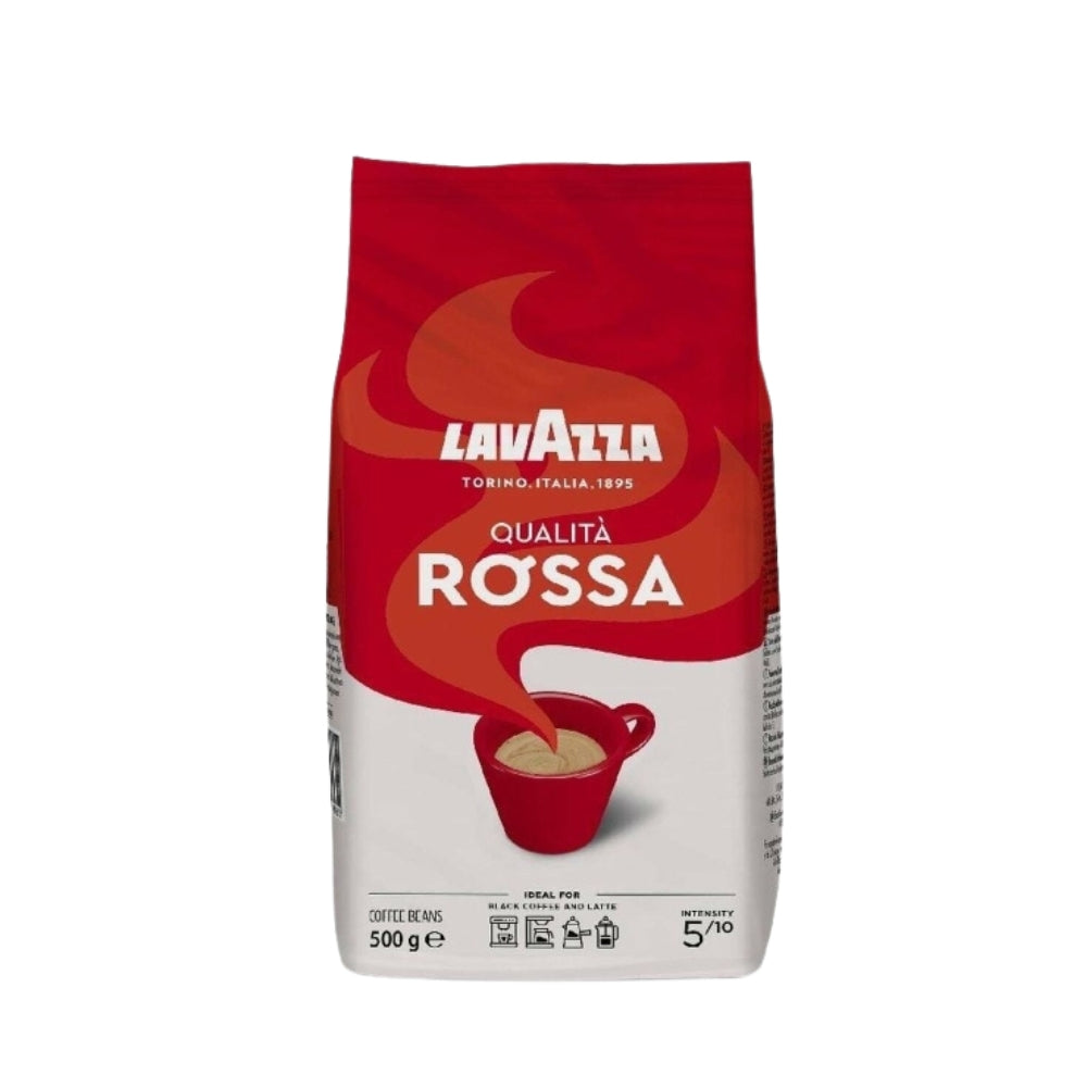 A package of Lavazza Qualità Rossa coffee beans, featuring a red and white design with the Lavazza logo and an image of a steaming red coffee cup. The packaging indicates a 500g weight and suggests the coffee is ideal for black coffee and lattes with an intensity of 5/10.