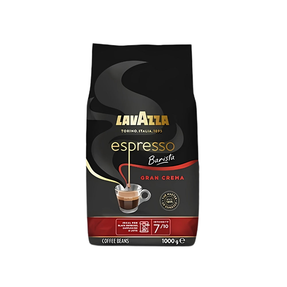 A package of Lavazza Espresso Barista Gran Crema coffee beans, featuring a sleek black design with the Lavazza logo. The packaging highlights its suitability for espresso, cappuccinos, and lattes, with an intensity rating of 7/10 and an image of a coffee cup with crema.