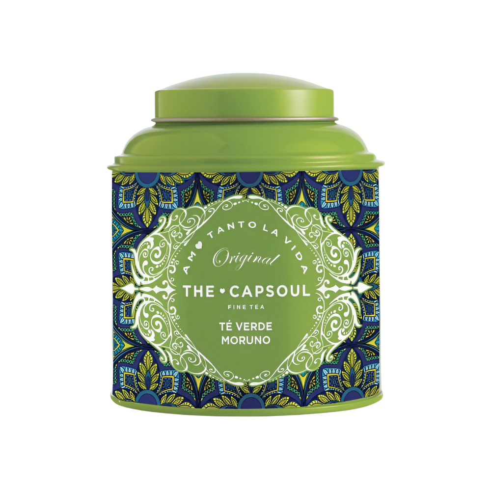 A decorative tin of The Capsoul Moorish Green Tea, showcasing its vibrant design and premium quality.