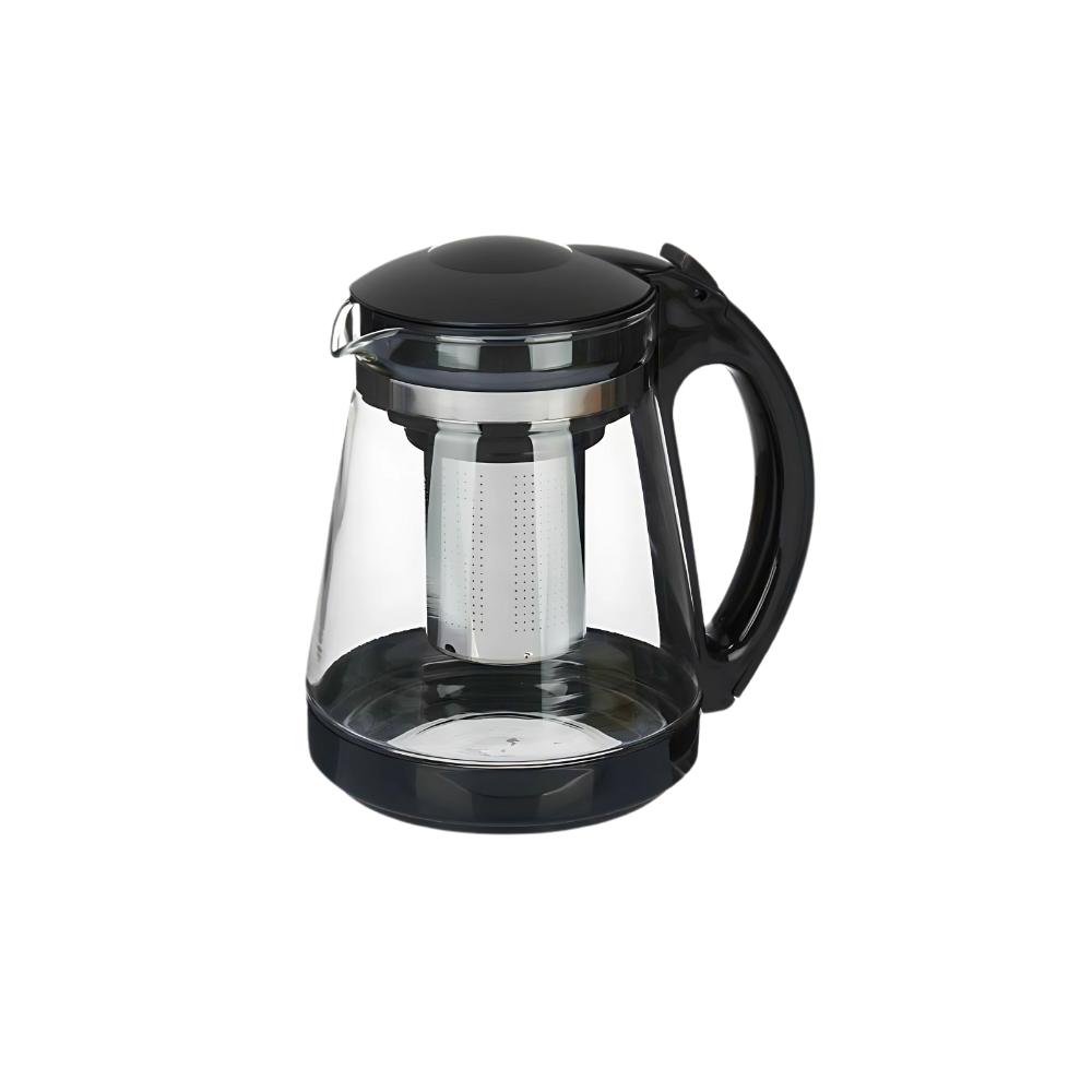 Transparent glass teapot with a black lid and handle, featuring a stainless steel infuser inside.