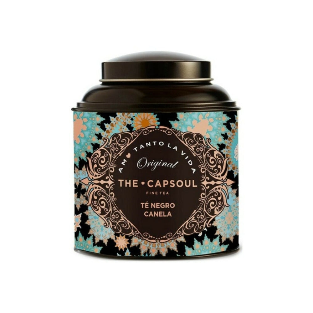 Tin of The Capsoul Black Tea - Cinnamon Infusion with intricate floral design and decorative patterns