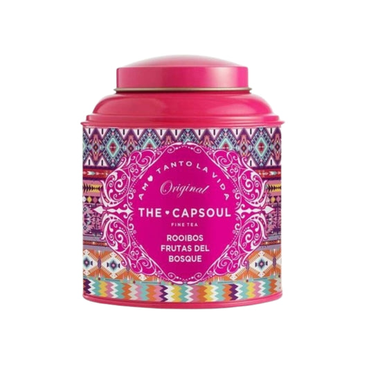 Tin of The Capsoul Rooibos Forest Fruits Infusion with vibrant geometric and floral patterns.