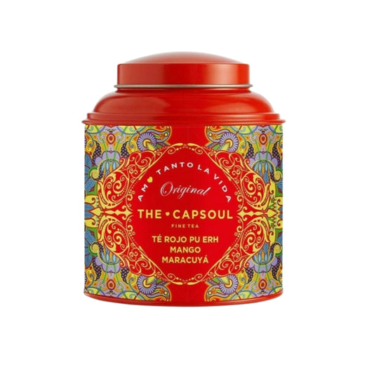 Tin of The Capsoul Pu Erh Mango Passionfruit Infusion with colorful decorative patterns.