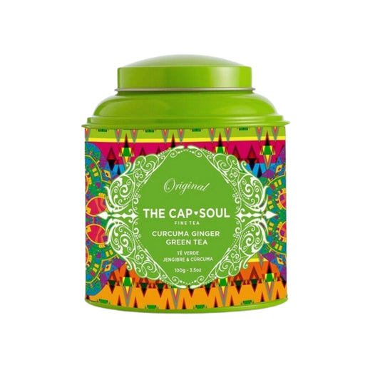 Tin of The Capsoul Green Tea - Turmeric Ginger Infusion with vibrant geometric and floral patterns.